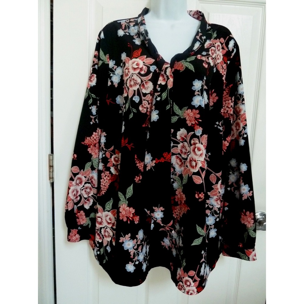 Lane Bryant Plus Sz 18/20 Career Blouse Dark Floral Tie Neck Balloon Sleeve